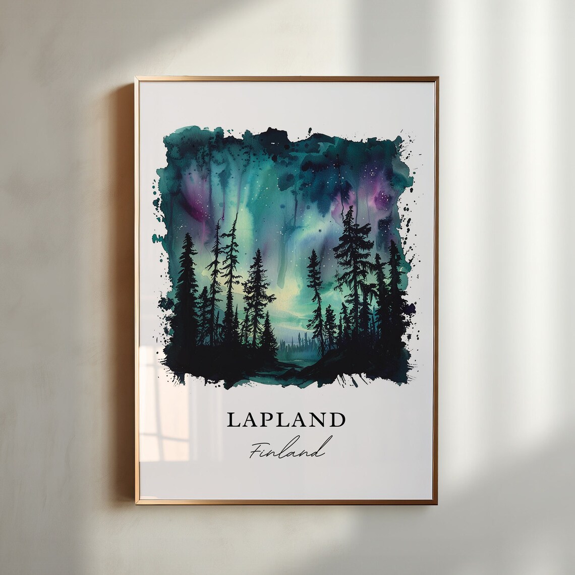 Lapland Finland Northern Lights Forest Watercolor Travel Poster