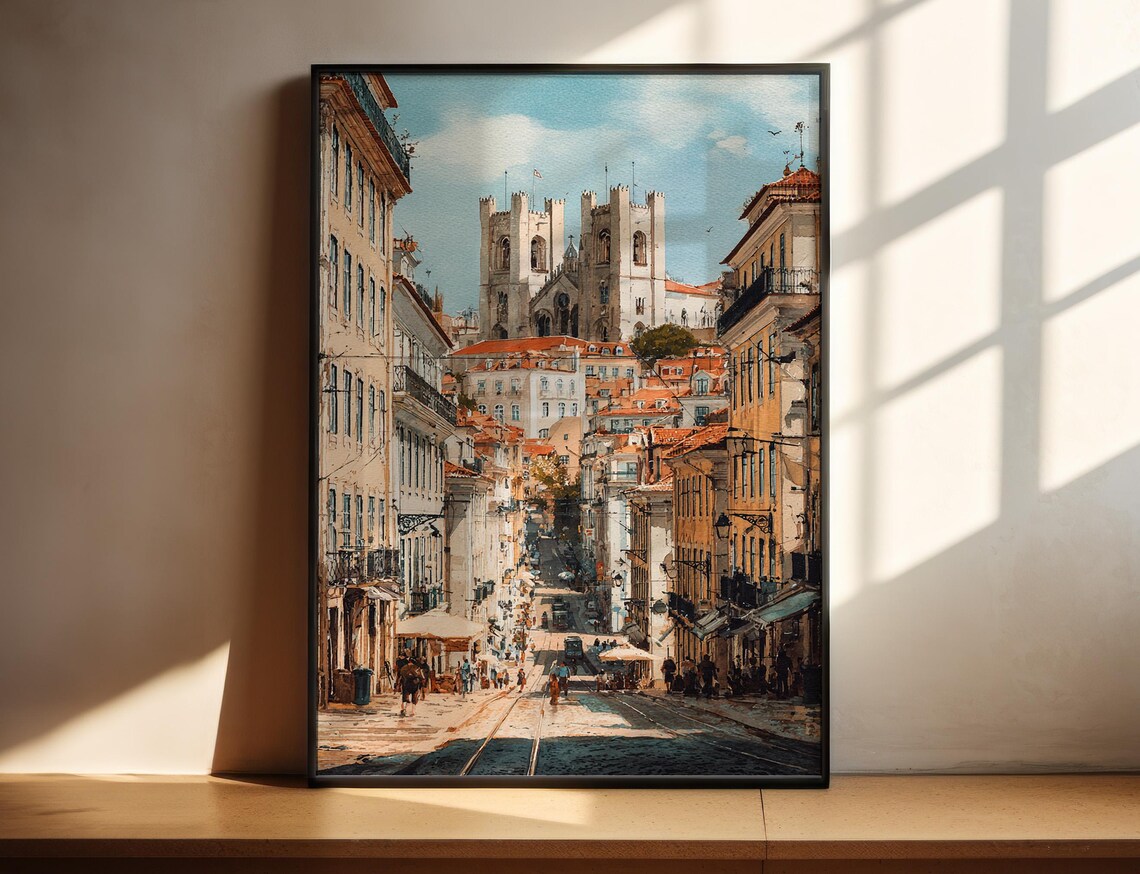 Lisbon Portugal Se Cathedral Watercolor Street Travel Poster