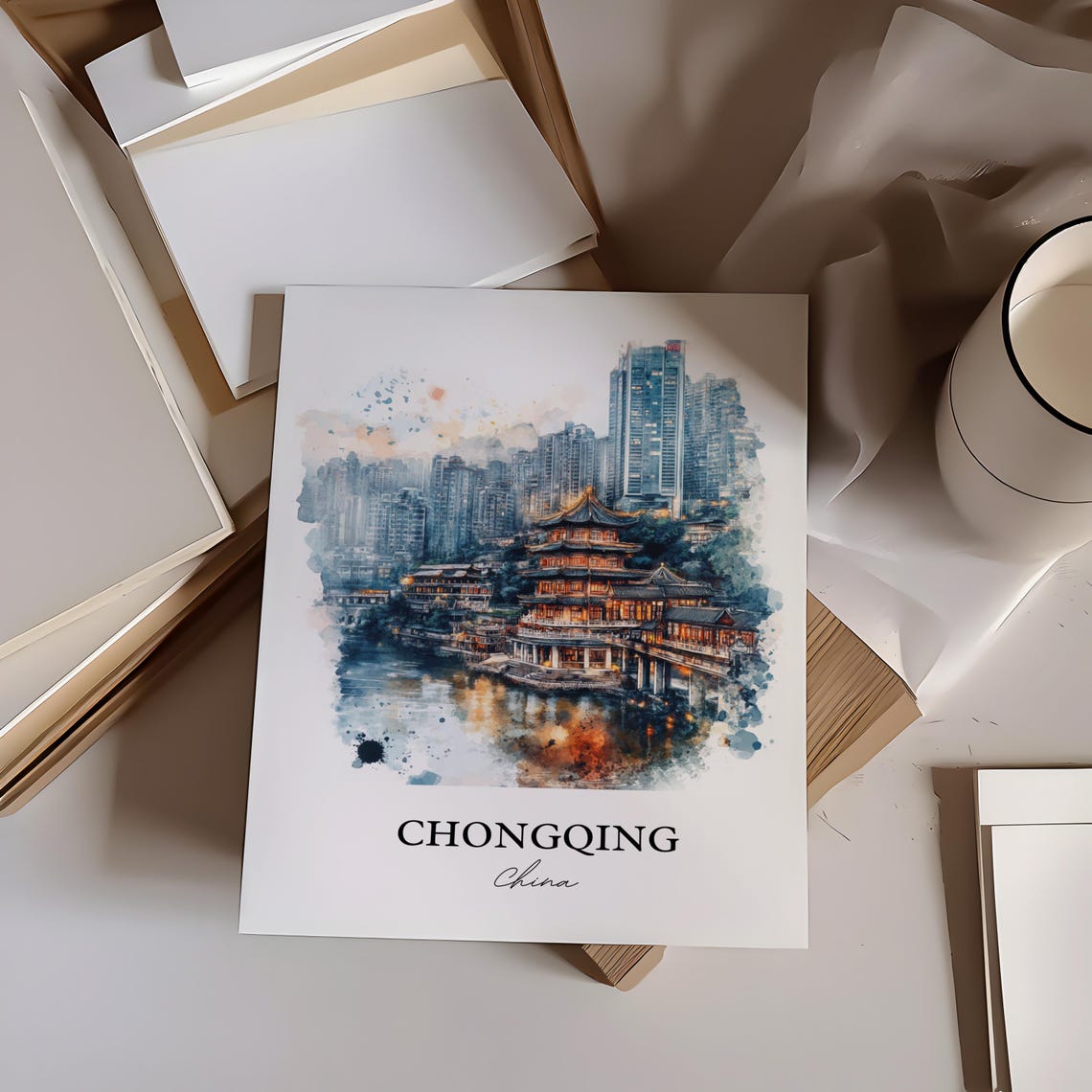 Chongqing China Watercolor Riverside Temple City Skyline Poster - Image 4