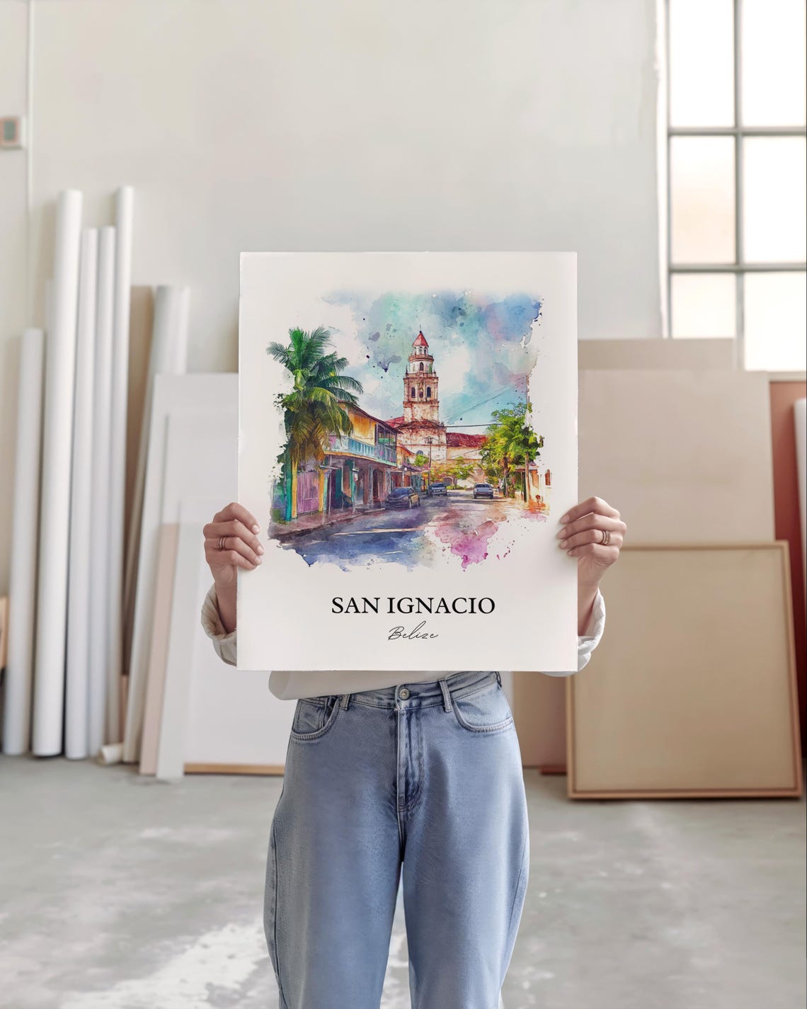 San Ignacio Belize Colonial Church Tower Watercolor Scene Poster - Image 3