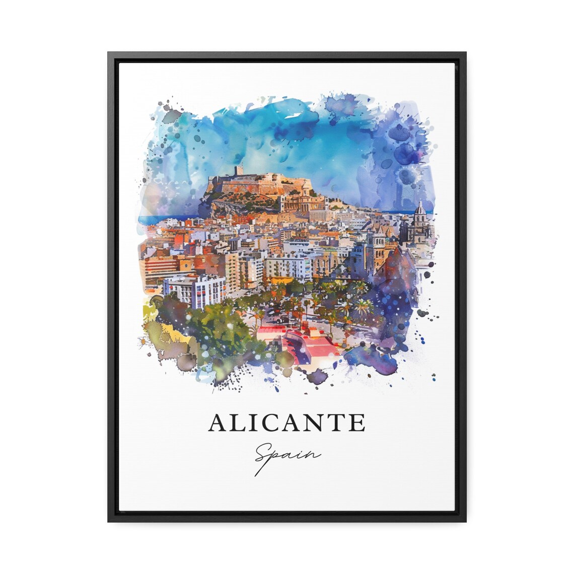 Alicante Spain Hilltop Castle City Panorama Watercolor Poster - Image 3