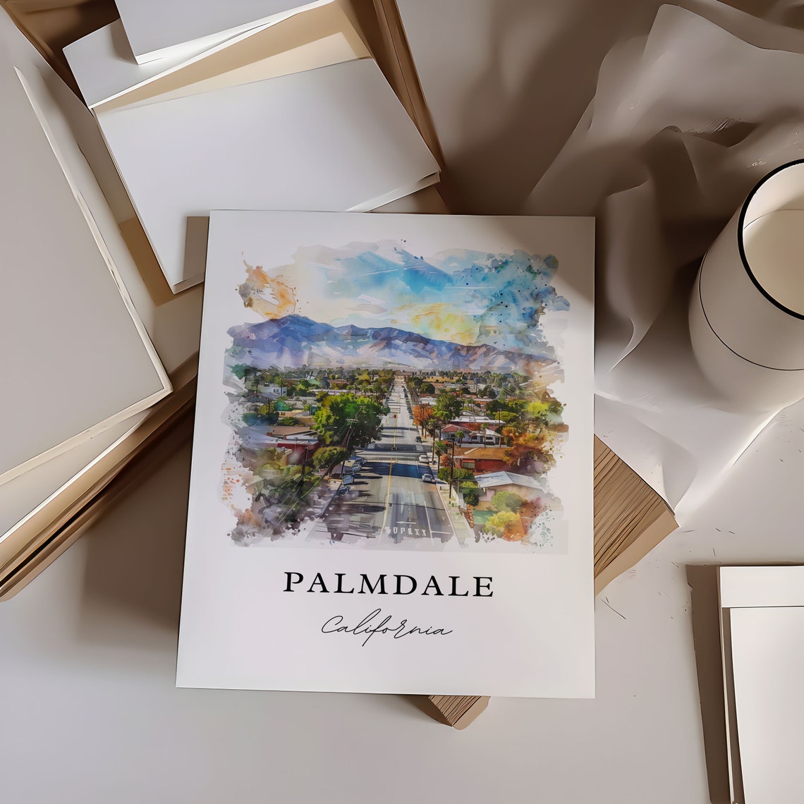 Palmdale California Mountain View Aerial Street Watercolor Poster - Image 6