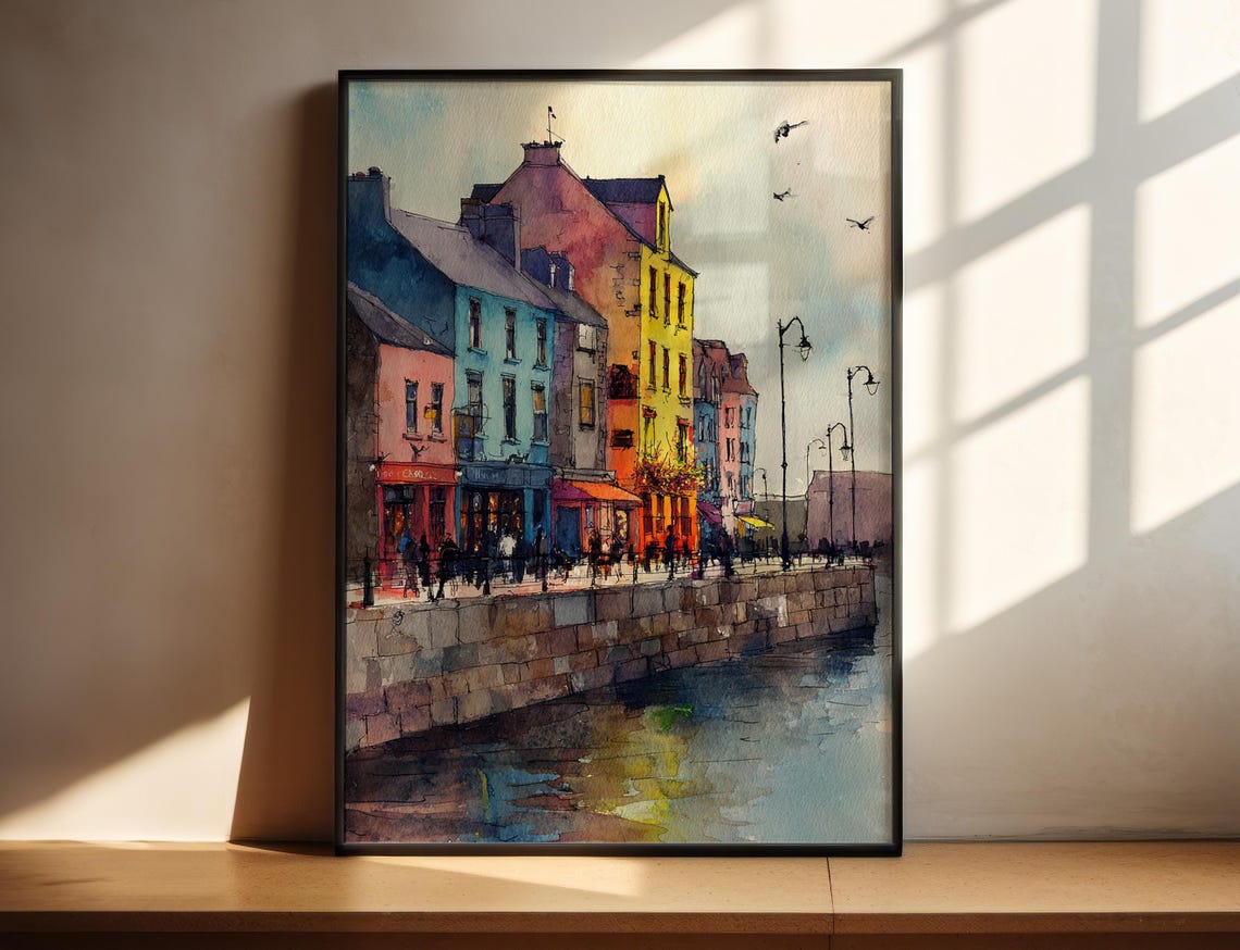 Colorful European Riverside Street Watercolor Quay Scene Poster