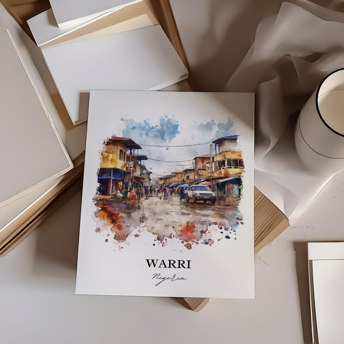 Warri Nigeria Watercolor Busy Market Street Scene Art Poster - Image 4
