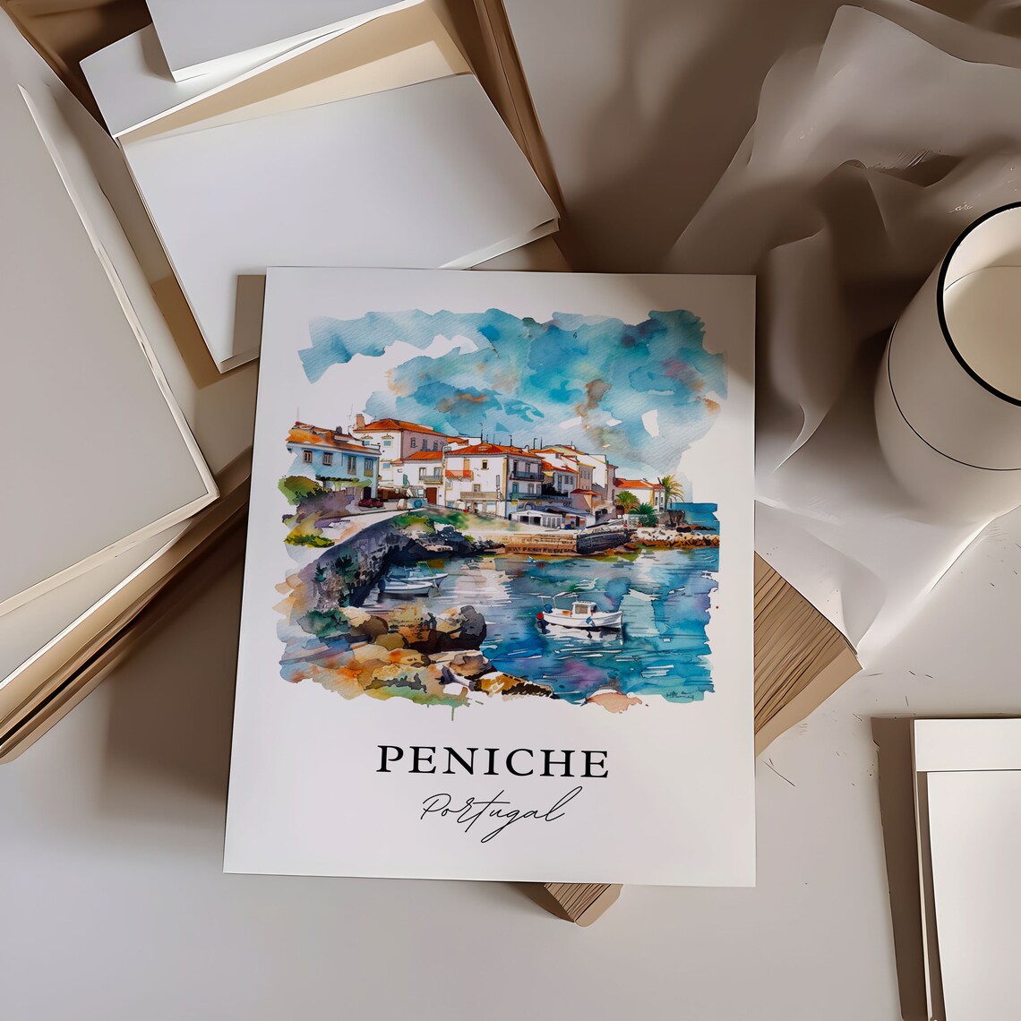 Peniche Portugal Fishing Harbor Town Watercolor Travel Poster - Image 5
