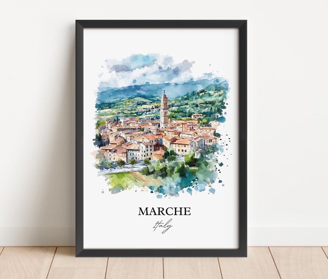 Marche Italy Hill Town Countryside Watercolor Scenic Travel Poster - Image 3