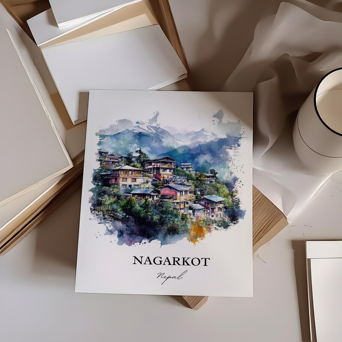 Nagarkot Nepal Watercolor Hill Village Snow Peaks Travel Poster - Image 3