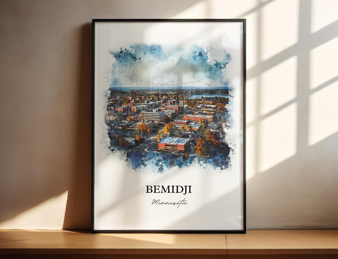 Bemidji Minnesota Aerial Downtown Autumn Trees Watercolor Poster - Image 5