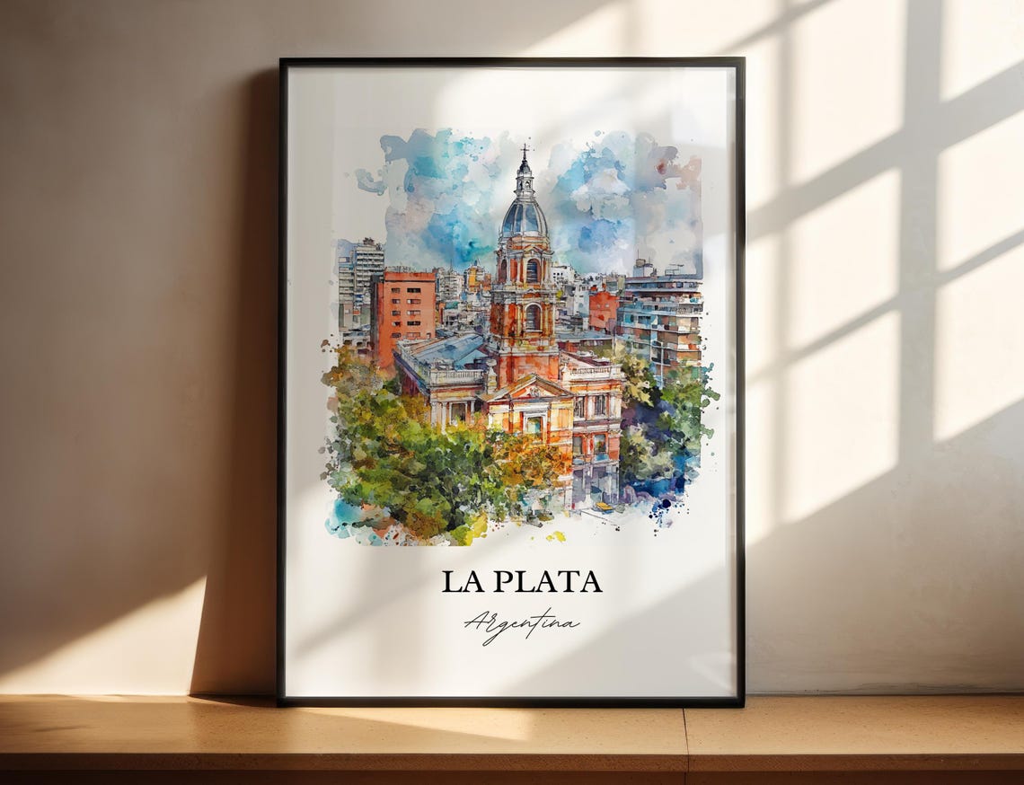 La Plata Argentina Watercolor Red Brick Cathedral Skyline Poster