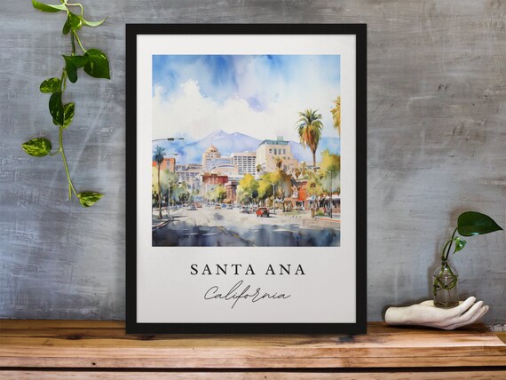 Santa Ana California Watercolor Downtown Street Mountain Poster