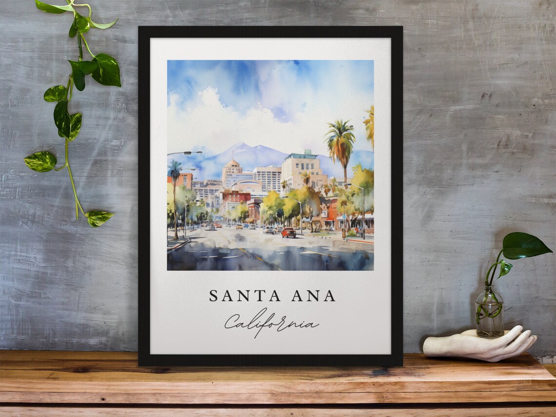 Santa Ana California Watercolor Downtown Street Mountain Poster