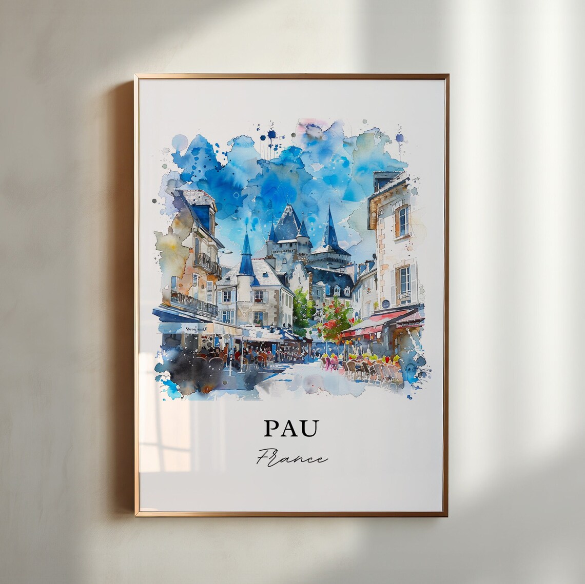 Pau France Watercolor Chateau Towers Street Cafe Scene Old Town Poster