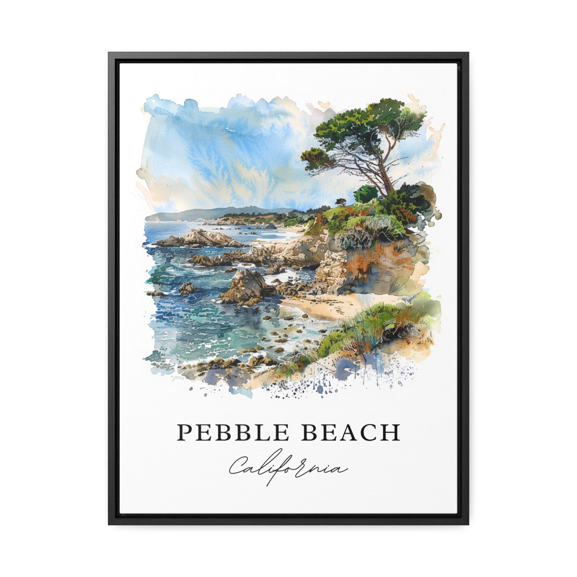 Pebble Beach California Rocky Coastline Cypress Watercolor Poster - Image 3