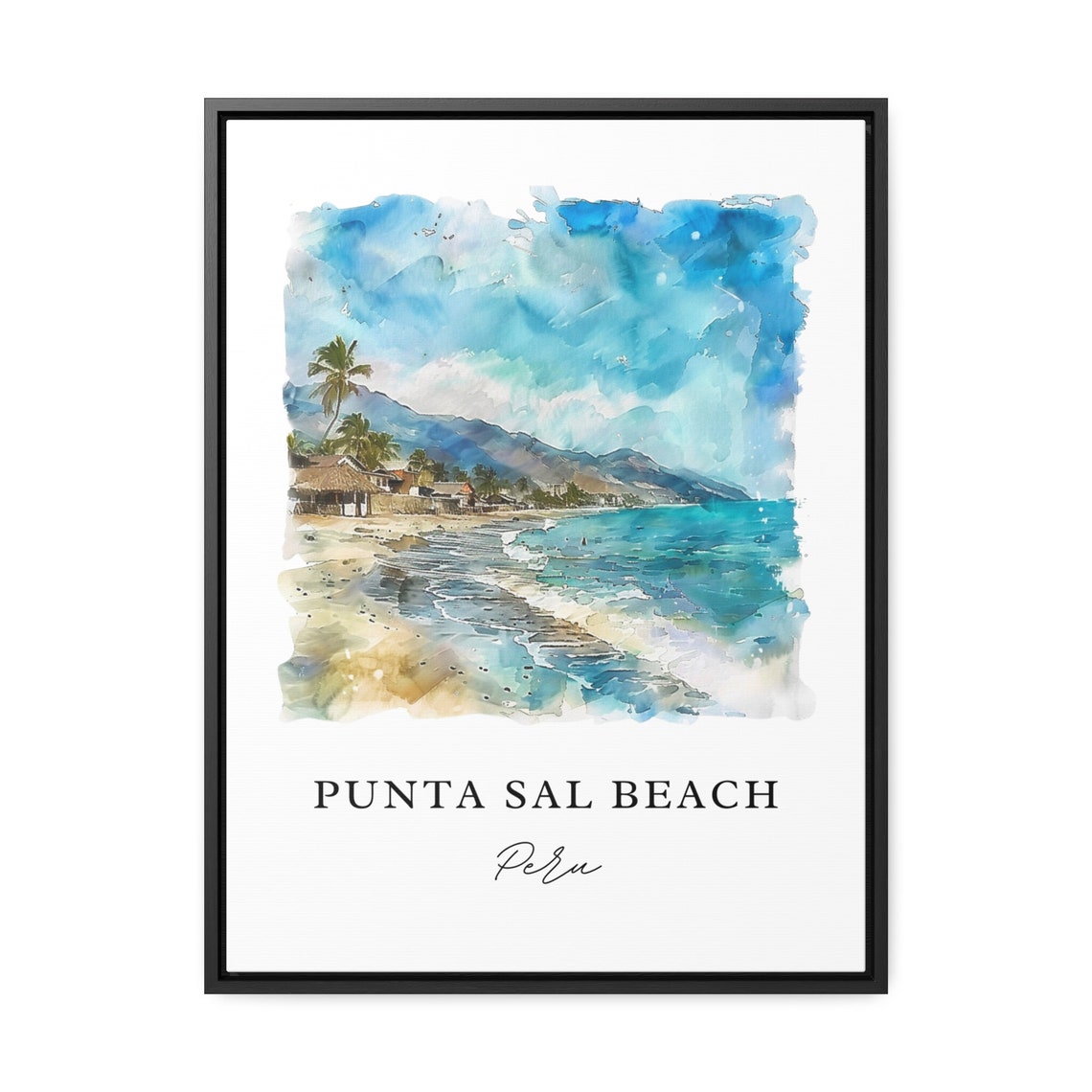 Punta Sal Beach Peru Palm Huts Mountain Coast Watercolor Poster - Image 2