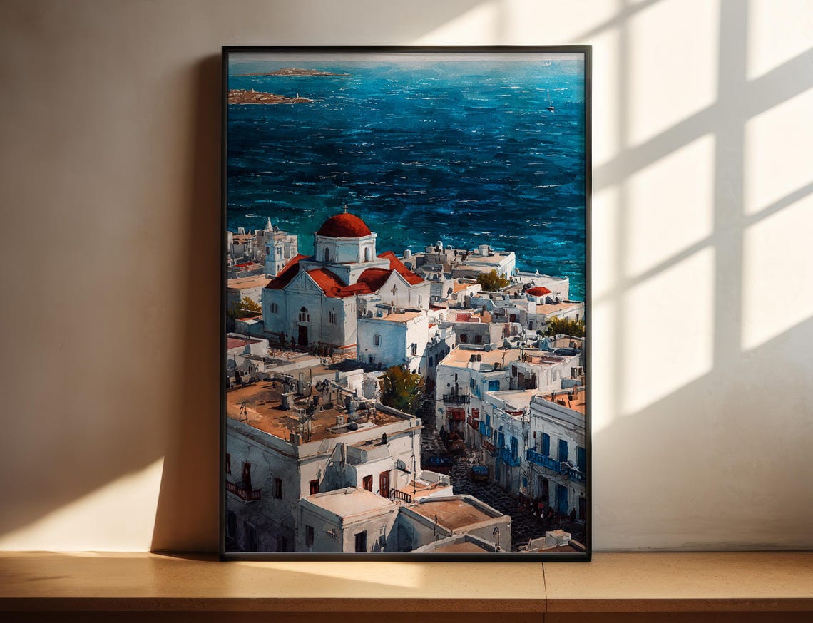 Mykonos Greece Whitewashed Town Watercolor Travel Poster Aegean Sea
