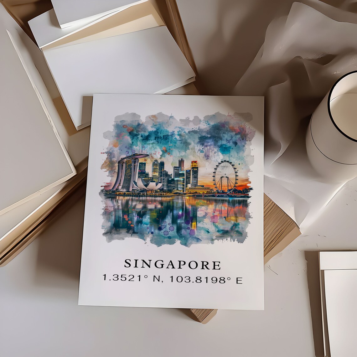 Singapore Skyline Watercolor Marina Bay Cityscape Travel Poster - Image 6