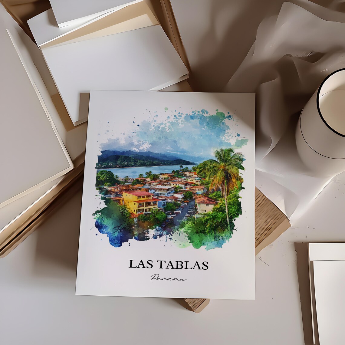 Las Tablas Panama Coastal Town Bay Palm Aerial Watercolor Poster - Image 3
