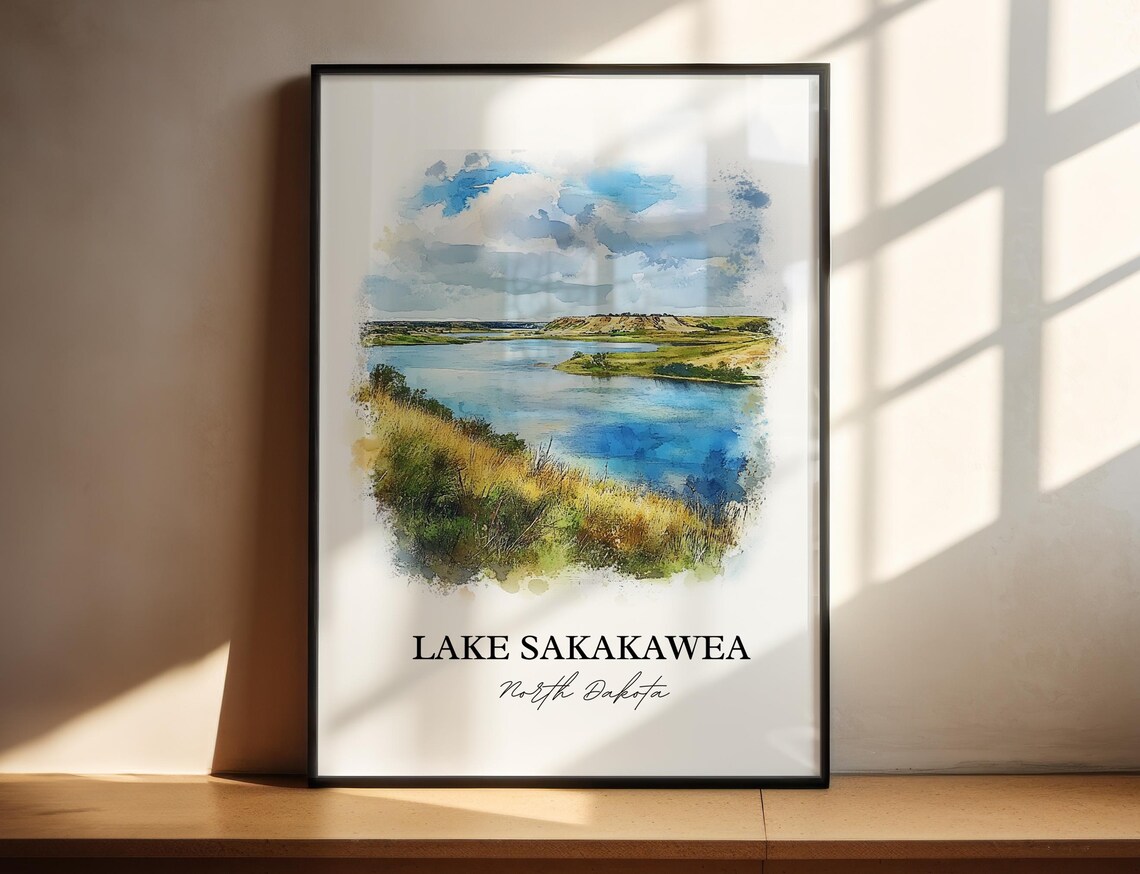 Lake Sakakawea North Dakota Watercolor Prairie Lake Bluffs Poster