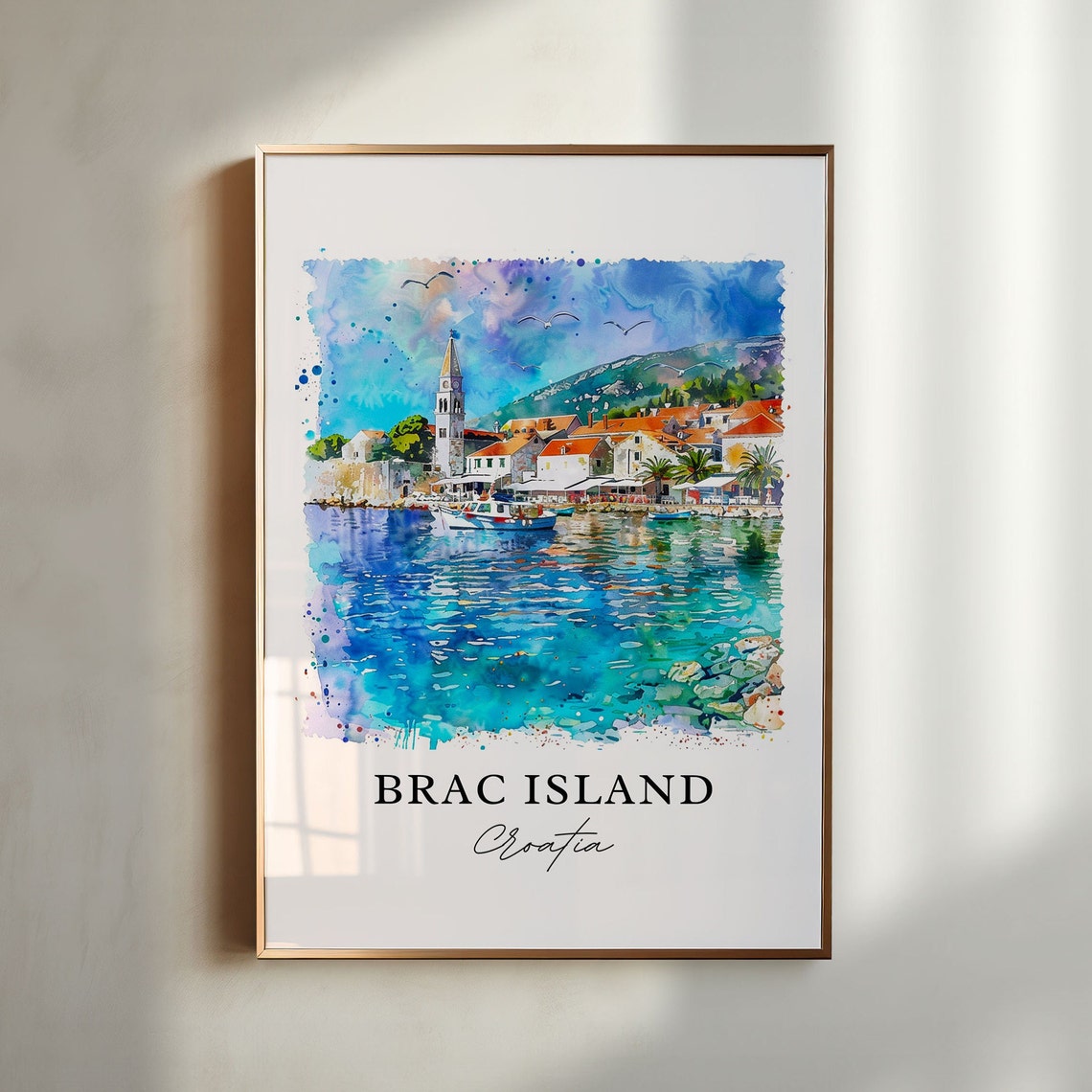 Brac Island Croatia Harbor Bell Tower Watercolor Seaside Poster
