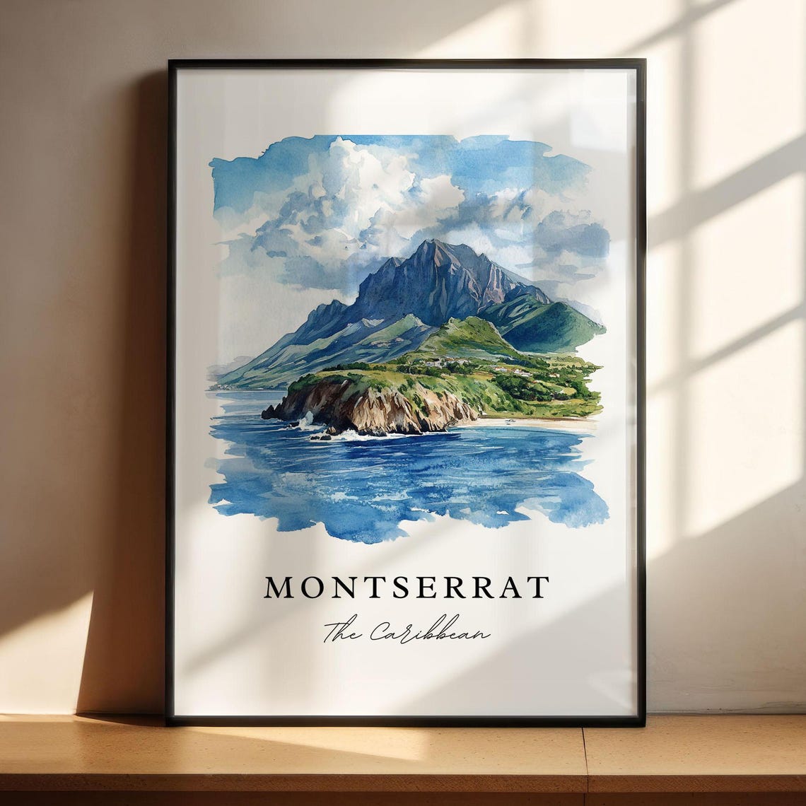 Montserrat Caribbean Volcano Island Watercolor Coastal Poster