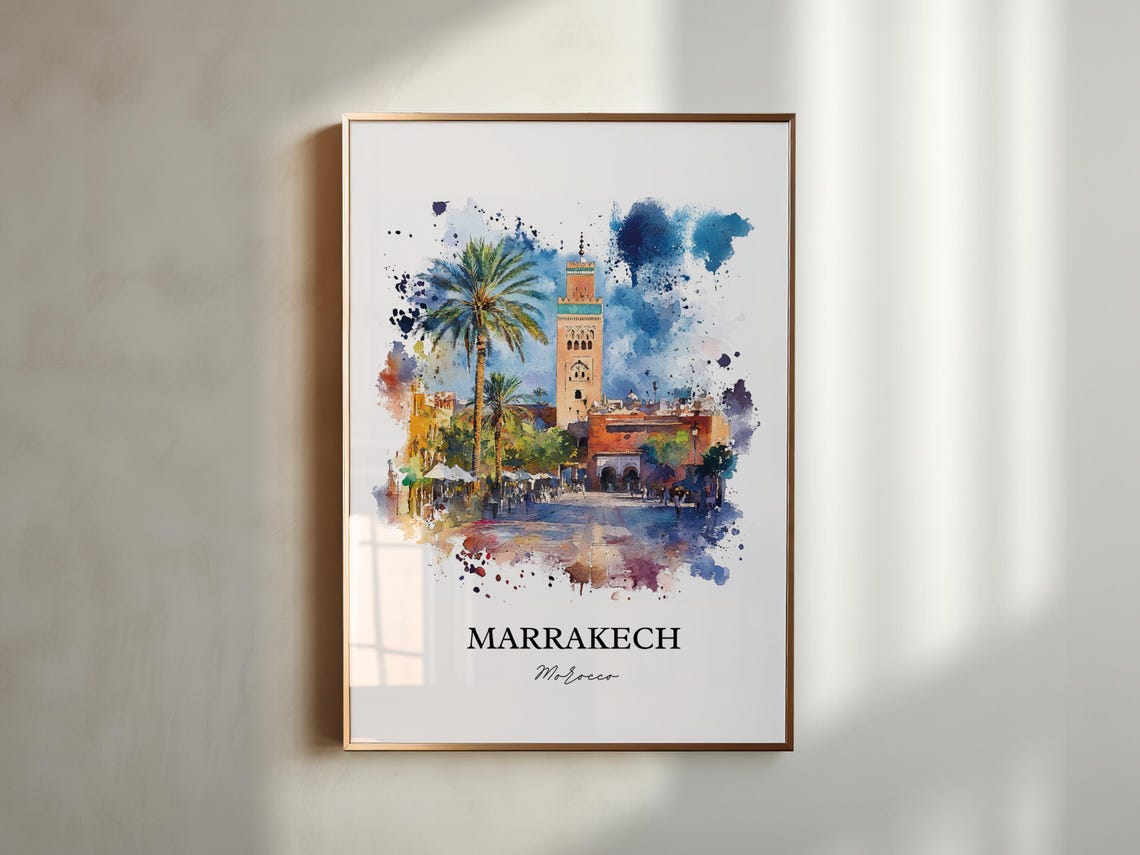 Marrakech Morocco Koutoubia Minaret Palms Watercolor Travel Poster - Image 4