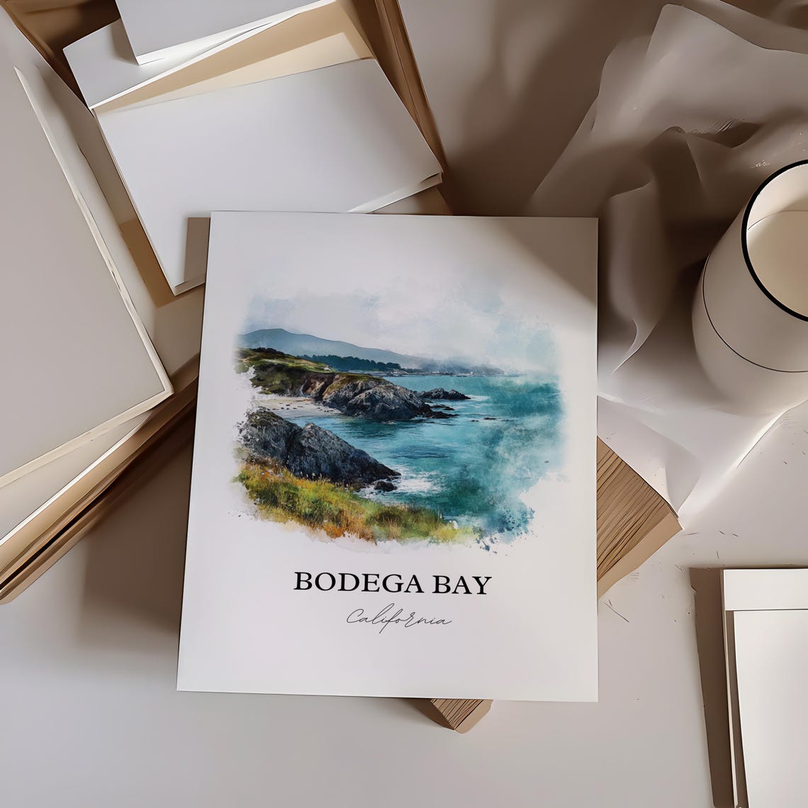 Bodega Bay California Rocky Headland Watercolor Travel Poster - Image 3