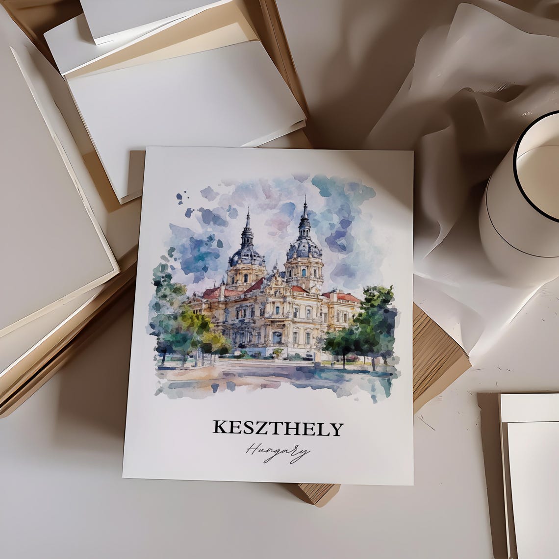 Keszthely Hungary Watercolor Ornate Twin Spired Landmark View Poster - Image 2
