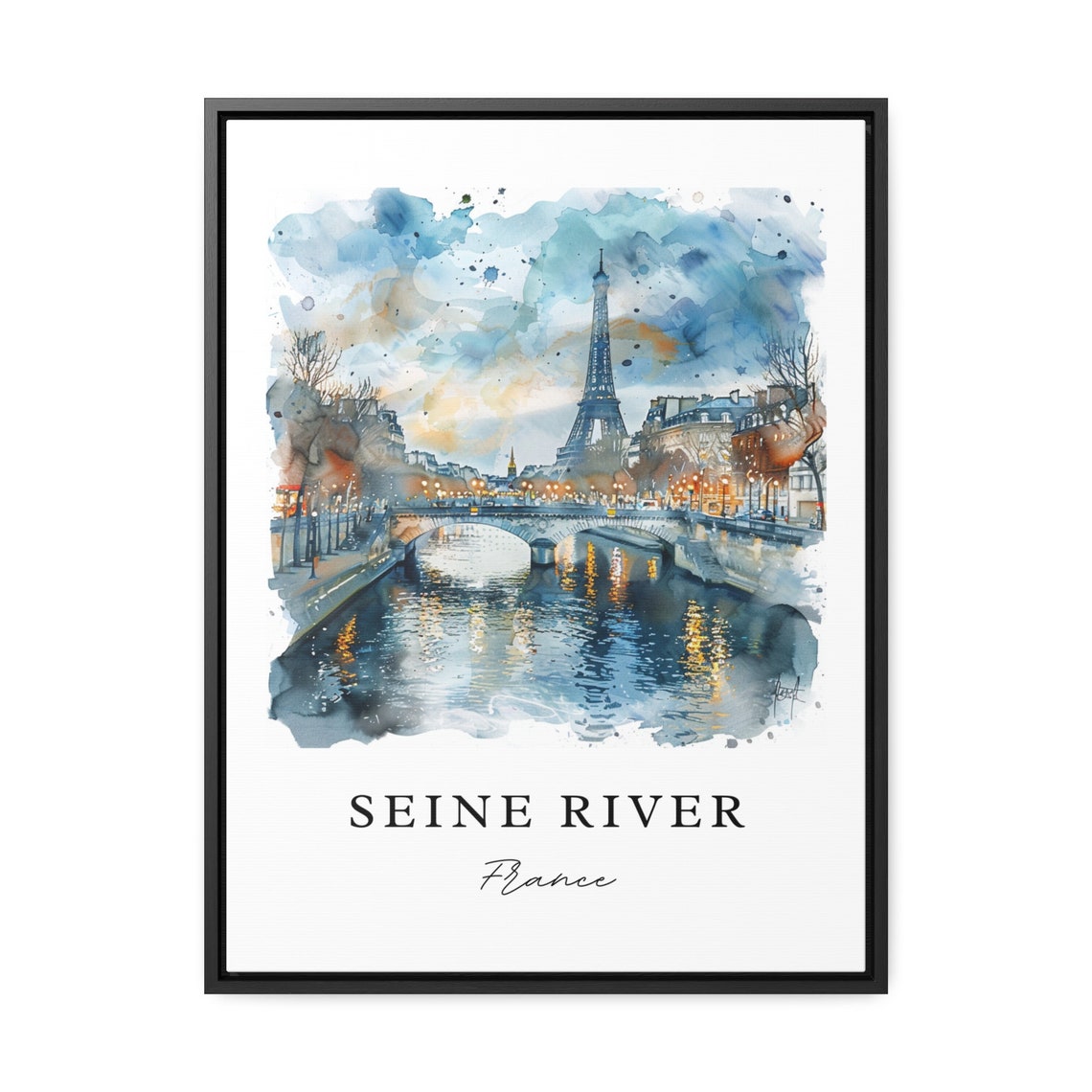 Seine River France Watercolor Bridge Eiffel Tower Lights Poster - Image 2