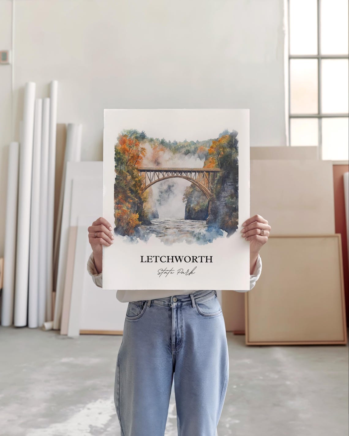 Letchworth State Park Watercolor Gorge Bridge Falls Scene Poster - Image 4
