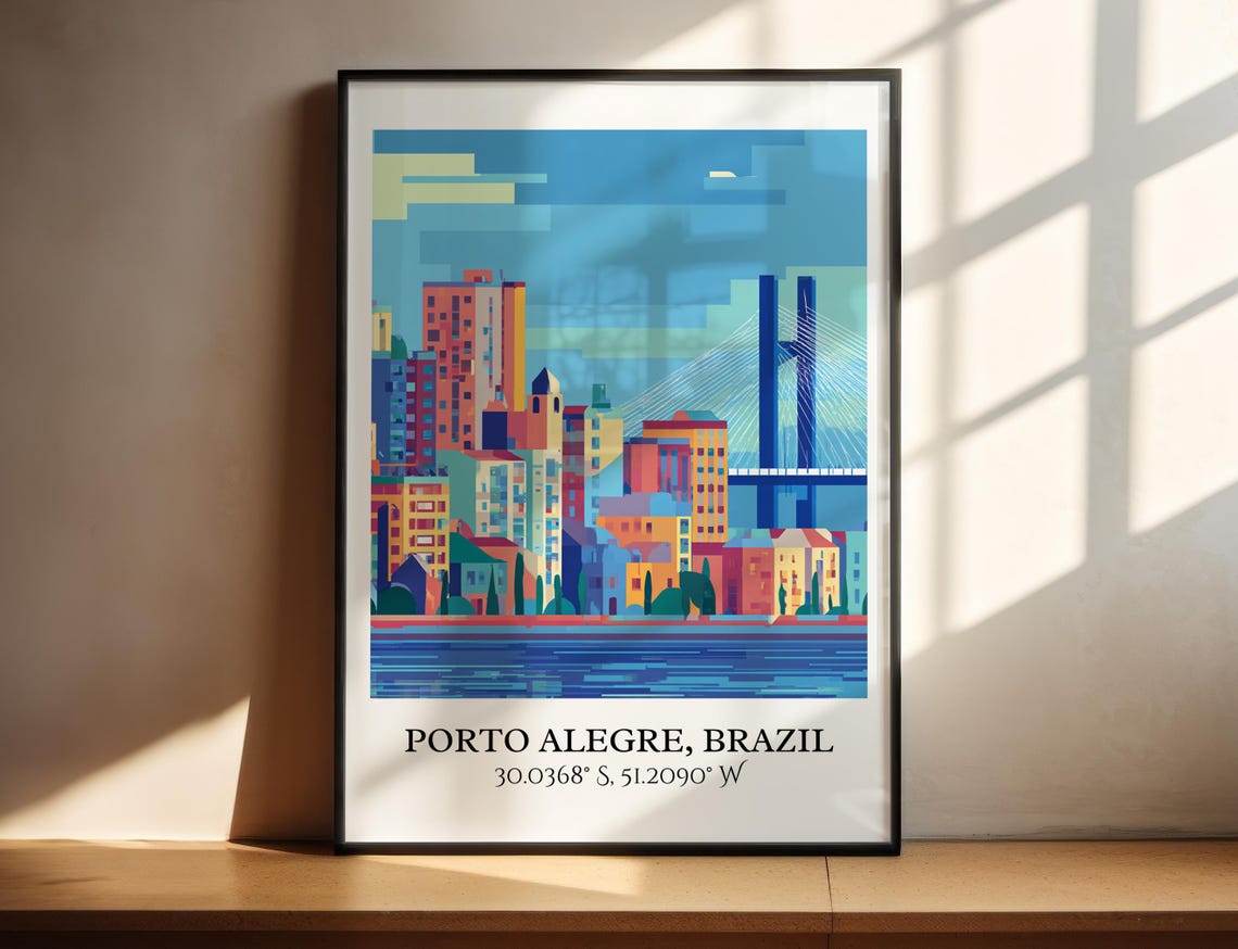 Porto Alegre Brazil Skyline Cable Stayed Bridge Retro Travel Poster