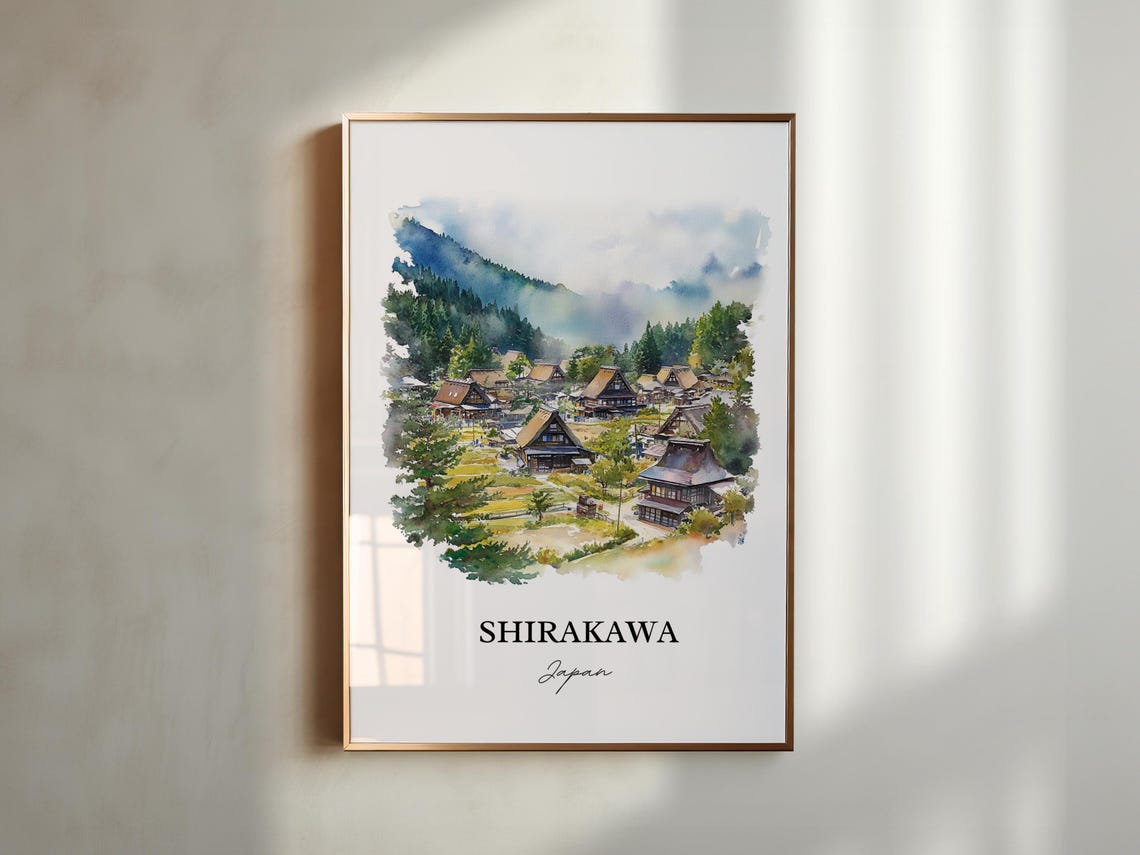 Shirakawa Japan Watercolor Thatched Roof Village Mountain Poster - Image 4