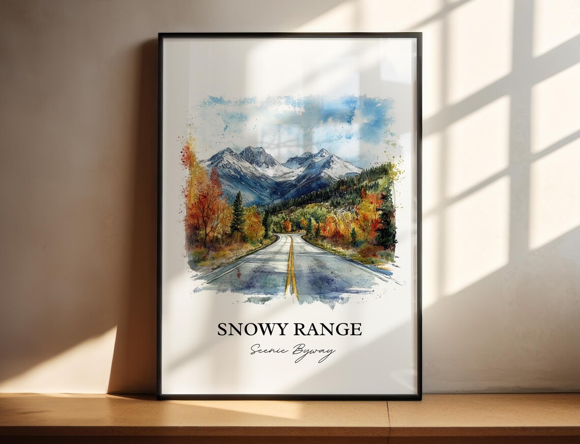 Snowy Range Scenic Byway Mountain Road Watercolor Travel Poster