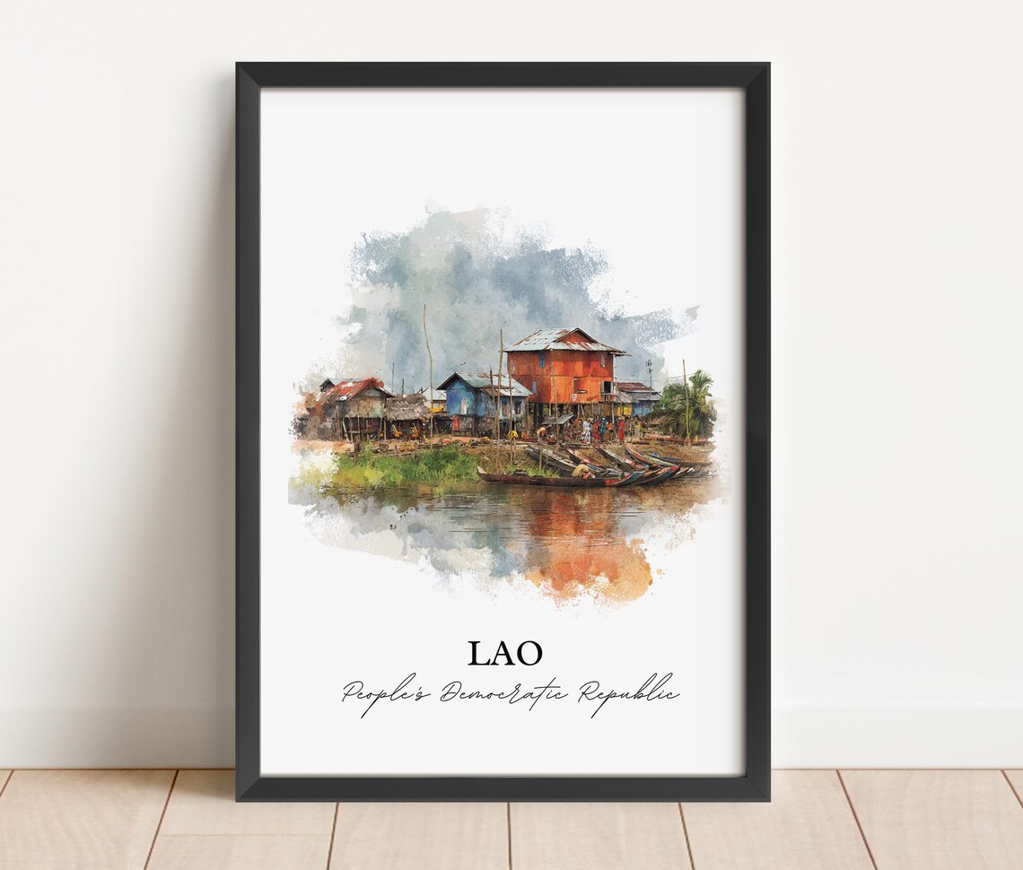 Lao Peoples Democratic Republic Watercolor River Village Travel Poster - Image 2