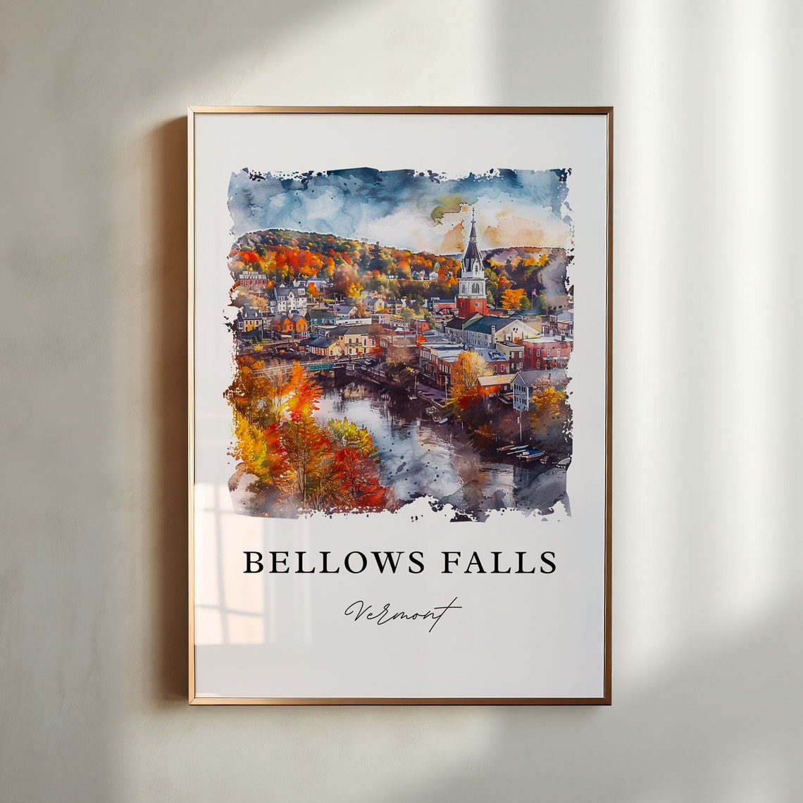 Bellows Falls Vermont River Town Fall Foliage Watercolor Art Poster