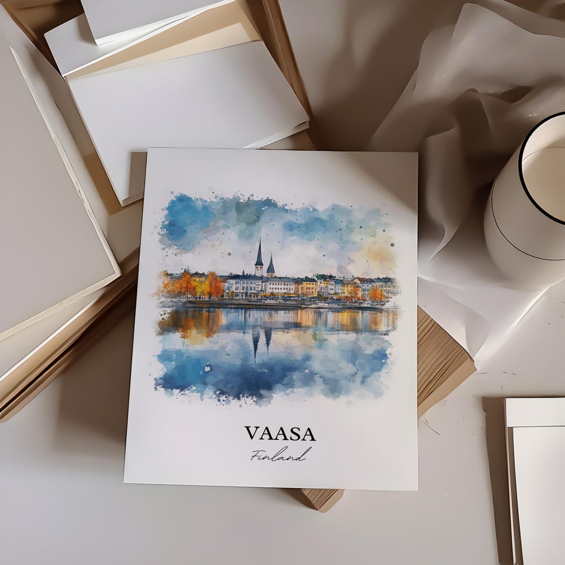 Vaasa Finland Waterfront City Watercolor Reflection Skyline Art Poster - Image 3