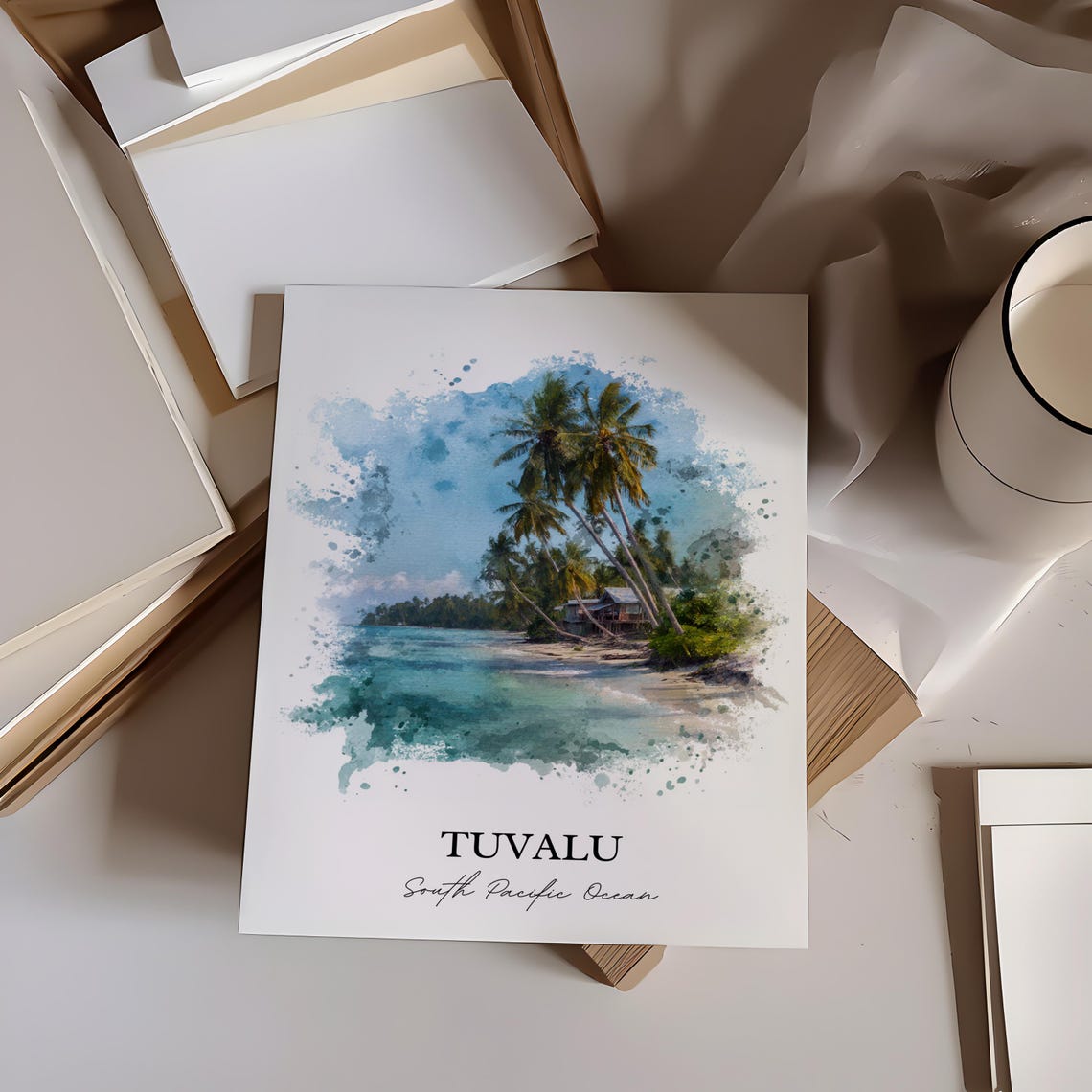 Tuvalu South Pacific Palm Beach Watercolor Tropical Island Poster - Image 3