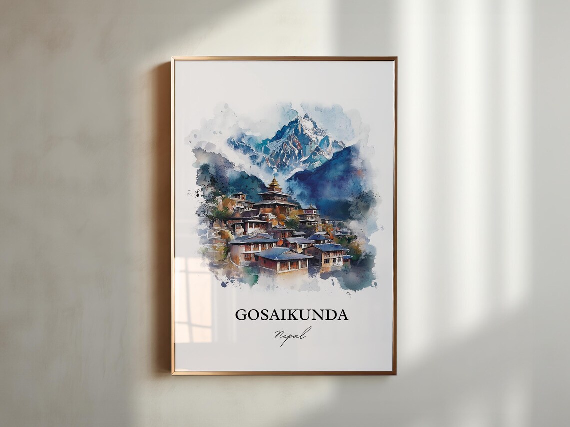 Gosaikunda Nepal Watercolor Snow Peak Mountain Village Travel Poster - Image 5