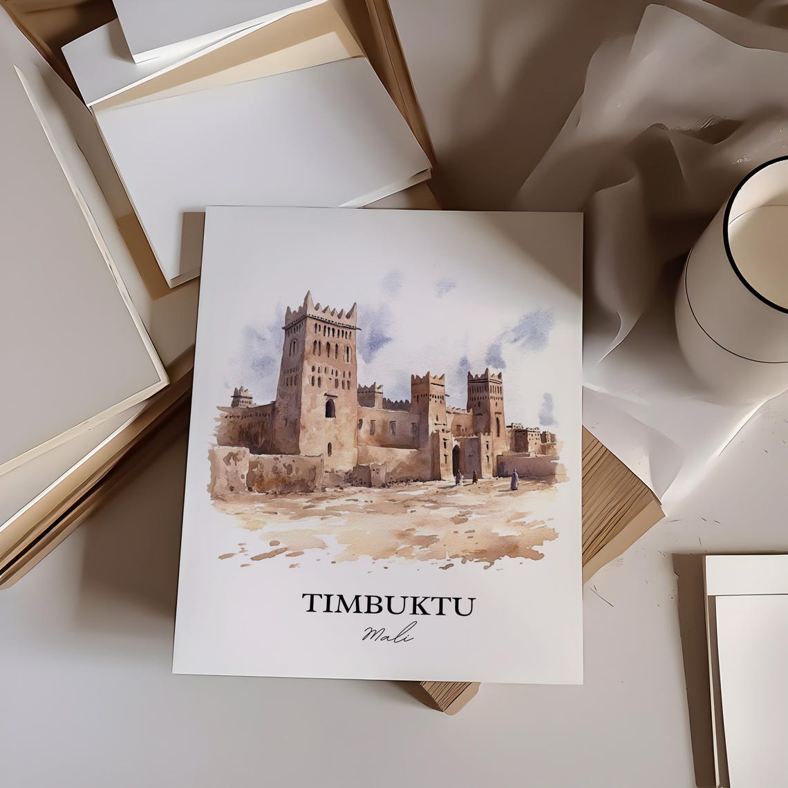 Timbuktu Mali Ancient Mosque Towers Desert Watercolor Poster - Image 2