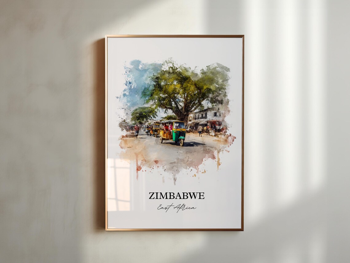 Zimbabwe East Africa Tuk Tuk Street Scene Watercolor Travel Poster - Image 5