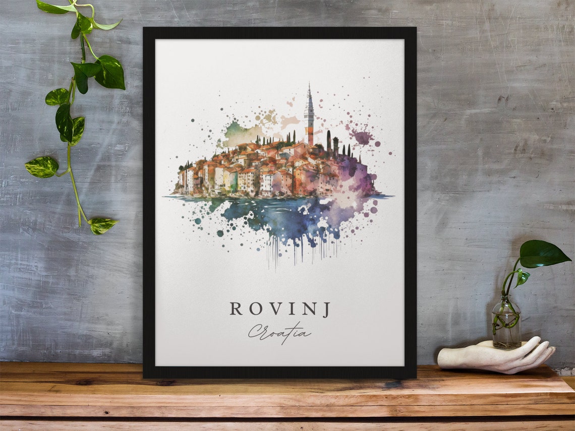 Rovinj Croatia Watercolor Coastal Old Town Harbor Skyline Poster - Image 2