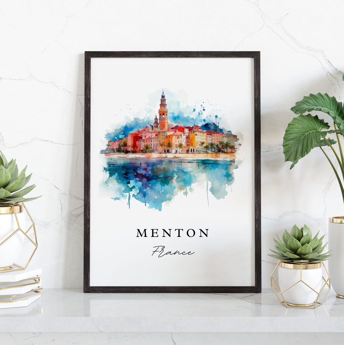 Menton France Watercolor Riviera Old Town Harbor Reflection Poster - Image 3