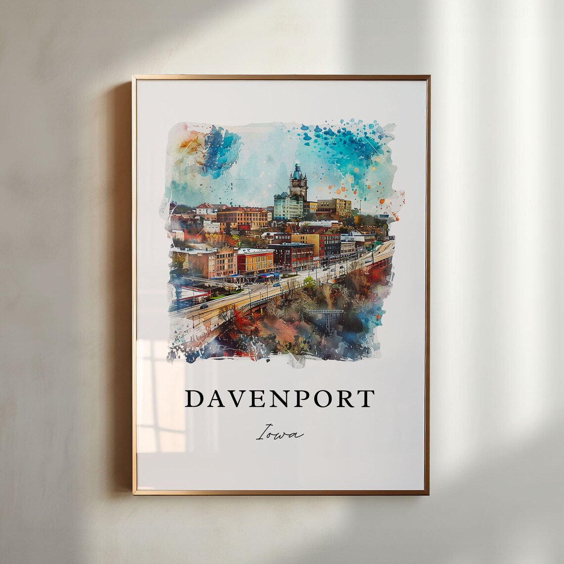 Davenport Iowa Watercolor Downtown Skyline Clock Tower Poster