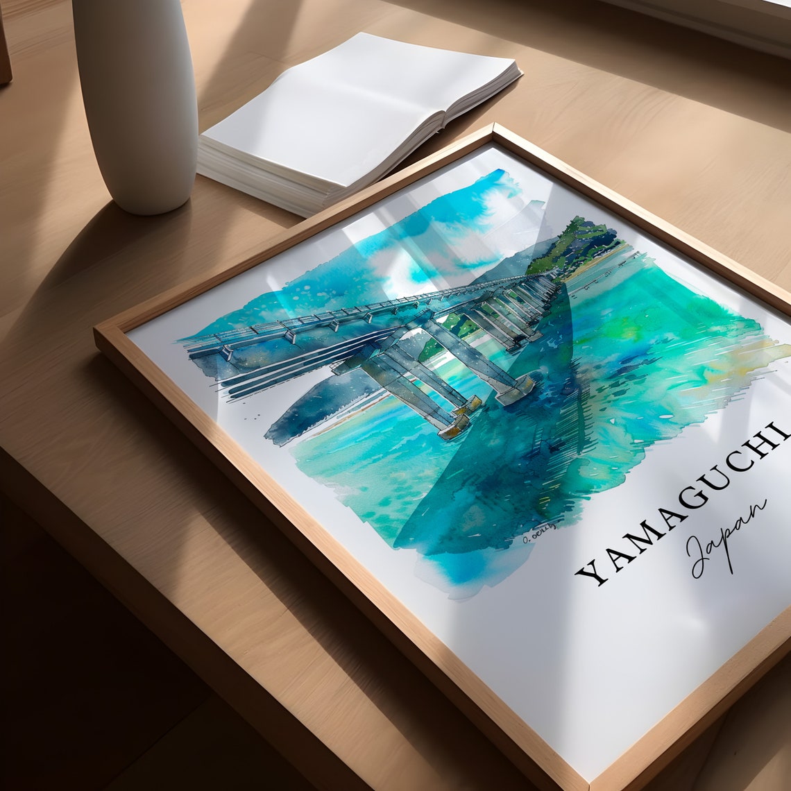 Yamaguchi Japan Bridge Over Turquoise Water Watercolor Travel Poster - Image 5