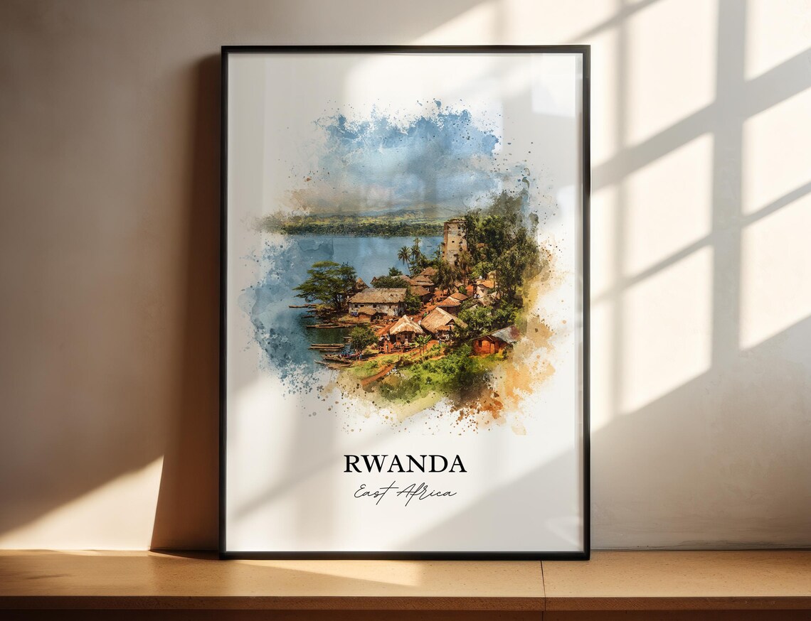 Rwanda East Africa Watercolor Lakeside Village Hills Travel Poster