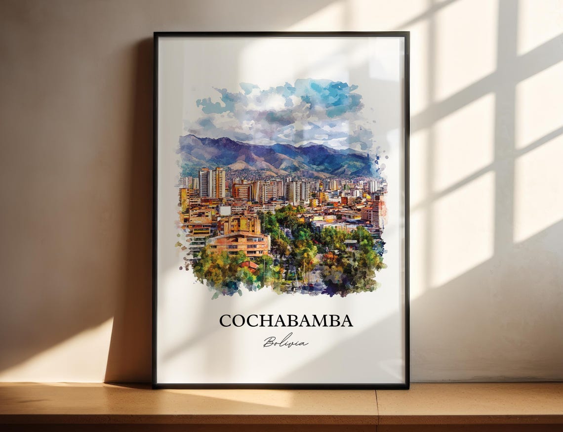 Cochabamba Bolivia Watercolor City Skyline Mountains Travel Poster