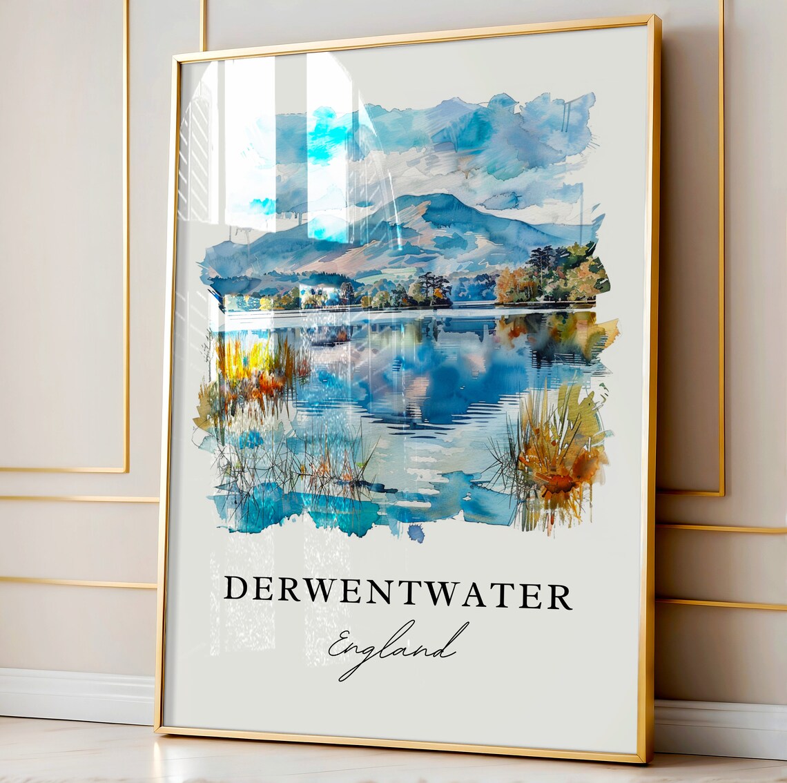 Derwentwater England Watercolor Lake Mountain Reflection Poster - Image 4