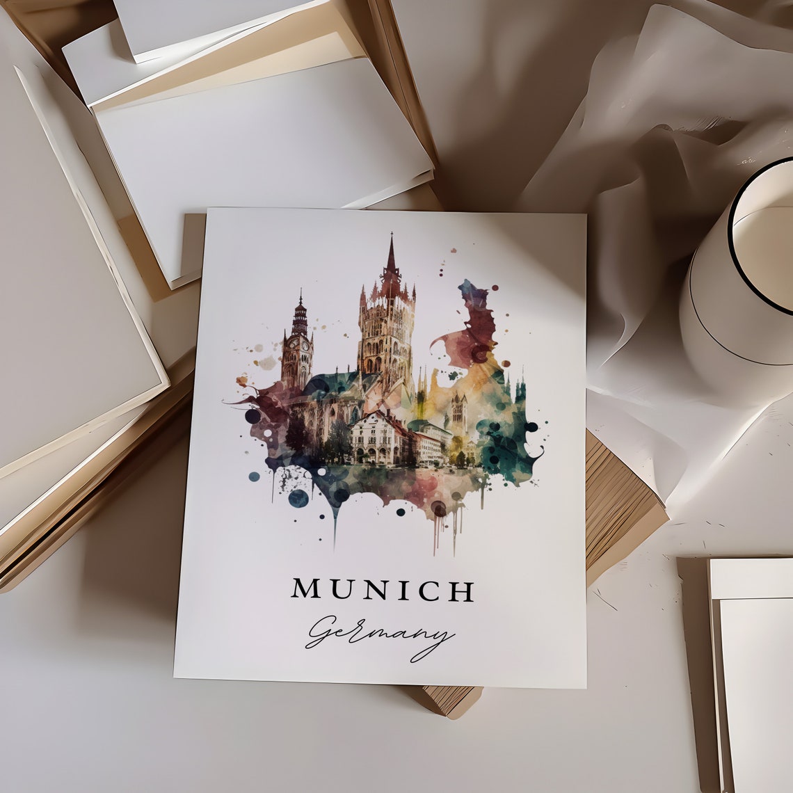 Munich Germany Watercolor Abstract Splash Skyline Church Spires Poster - Image 2