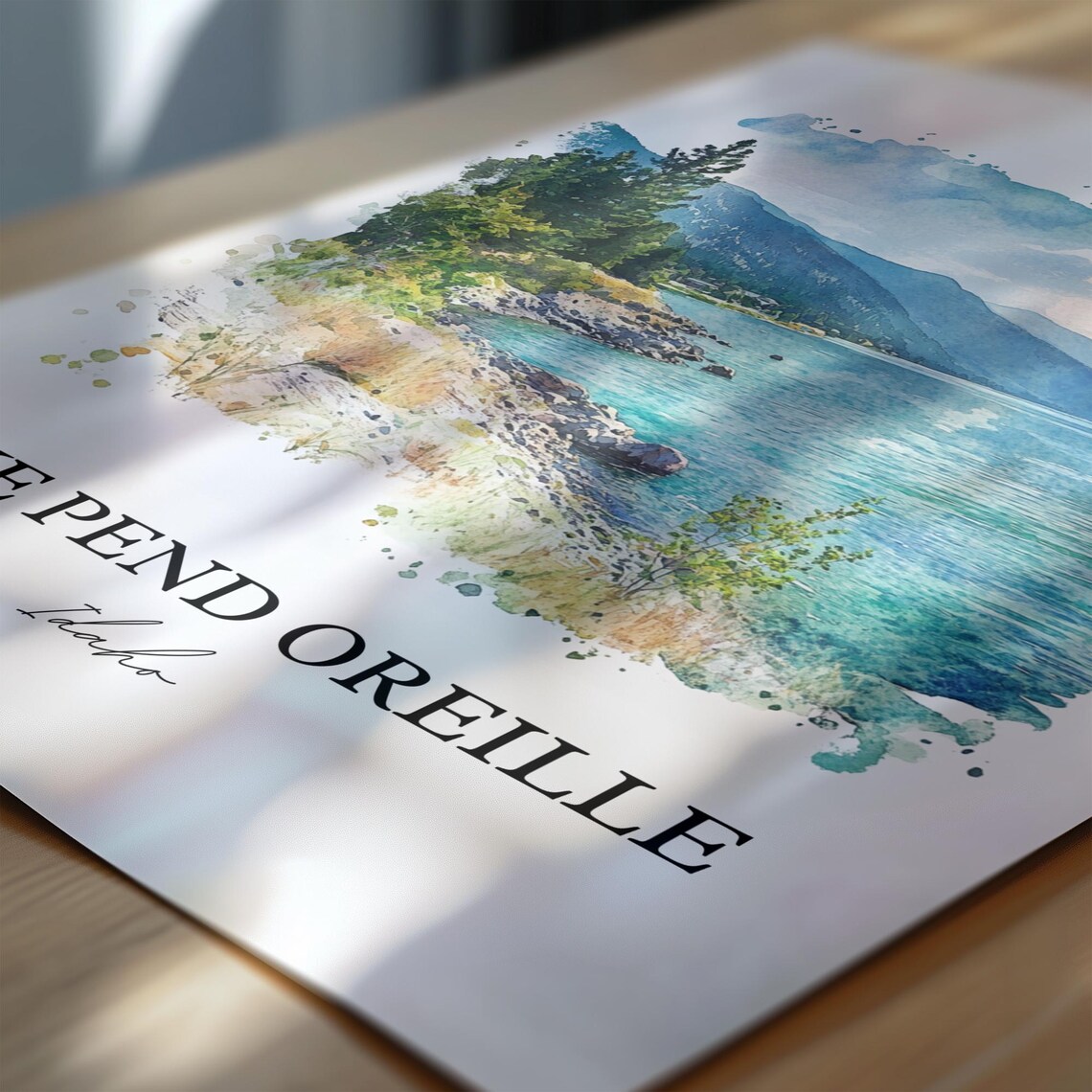 Lake Pend Oreille Idaho Watercolor Rocky Shore Mountain Scene Poster - Image 6