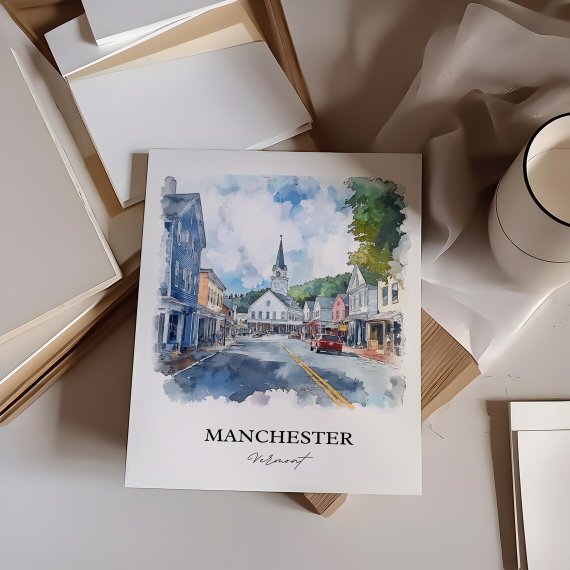 Manchester Vermont Church Steeple Main Street Watercolor Travel Poster - Image 3