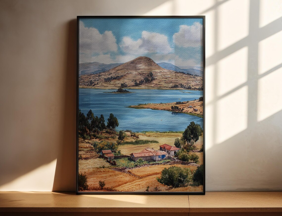 Puno Peru Lake Titicaca Watercolor Hillside Farmhouses Poster